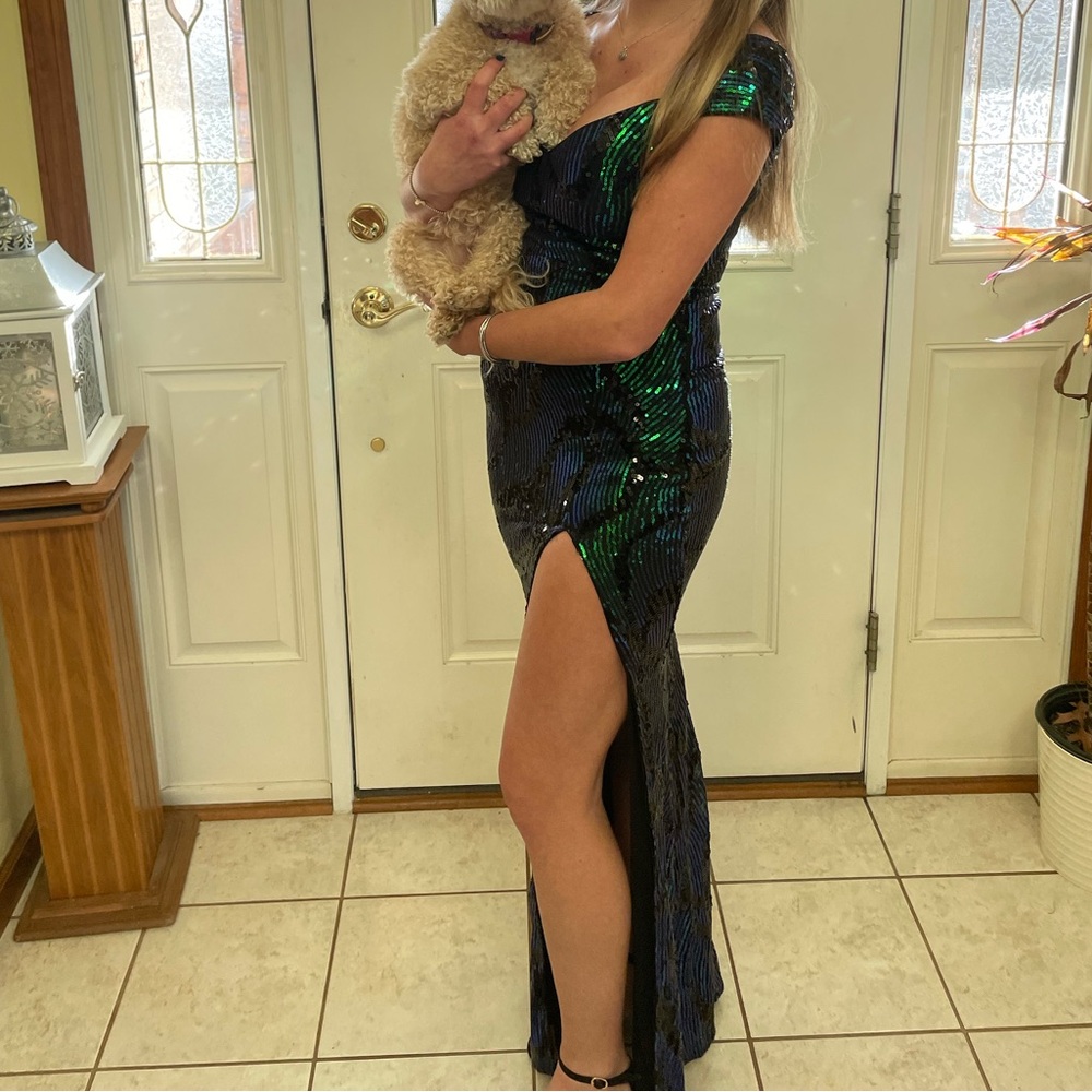 Green, Blue & Black Sequin High-Slit Evening Dress